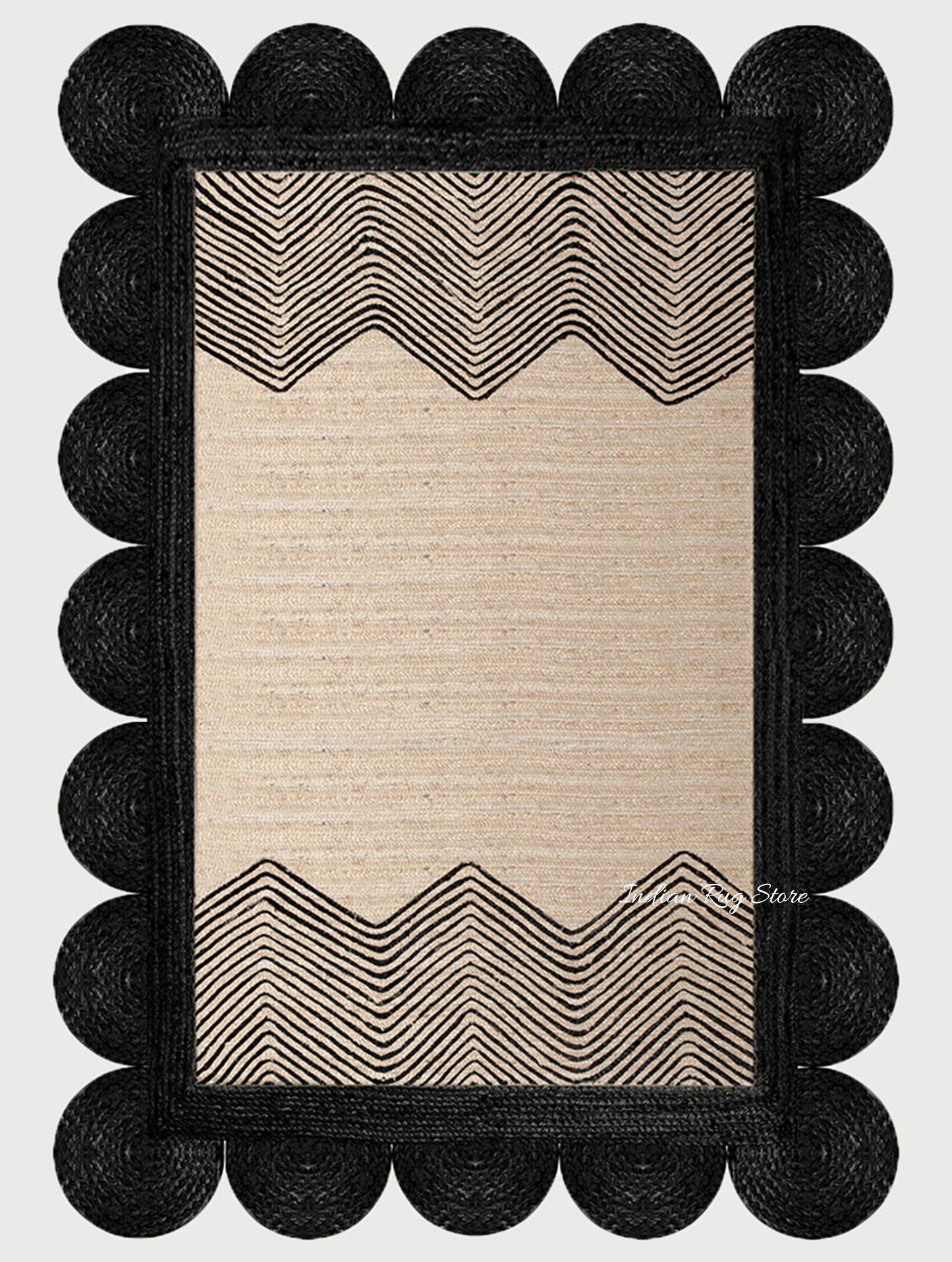 Alfombra de yute con decoración geométrica trenzada a mano en color beige y negro para entrada