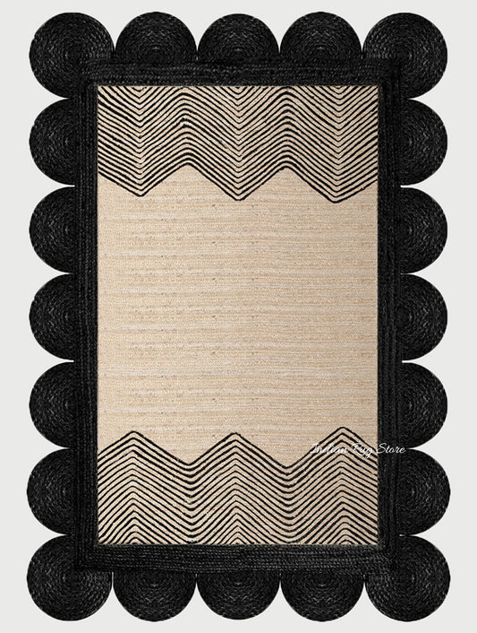 Geometric Hand Braided Beige Black Entrance Decor Jute Rug