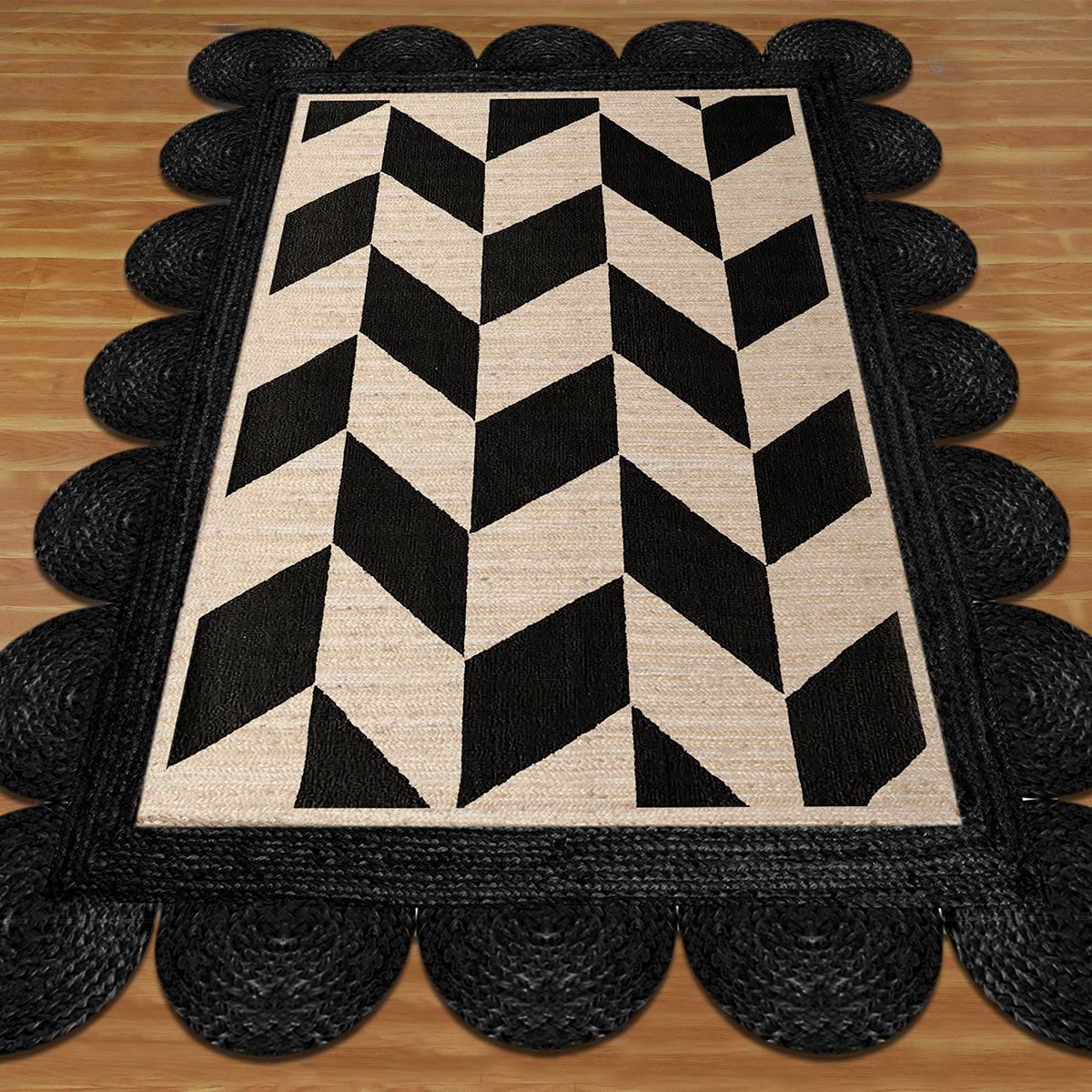 Black Beige Hand Braided Geometric Farm House Decor Jute Rug - Indian Rug Store