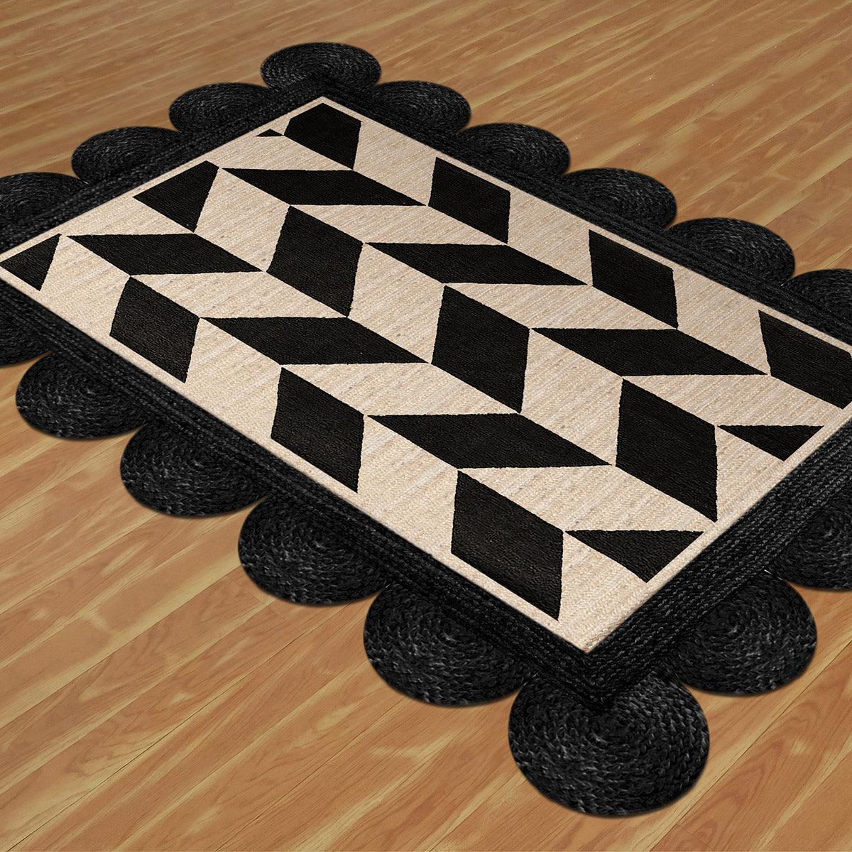 Black Beige Hand Braided Geometric Farm House Decor Jute Rug - Indian Rug Store