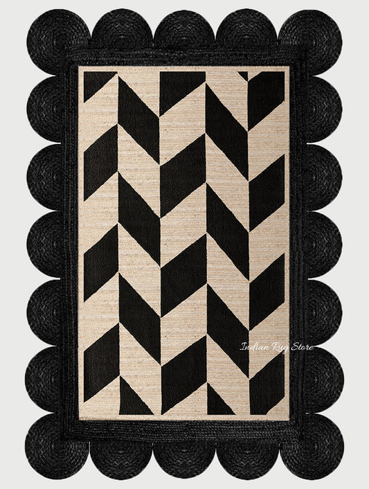 Black Beige Hand Braided Geometric Farm House Decor Jute Rug