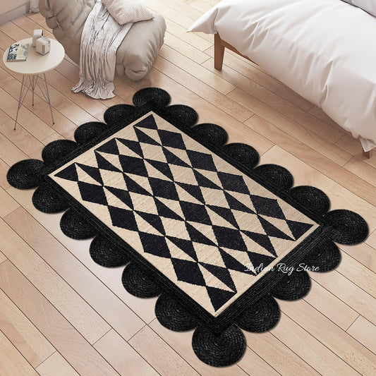 Alfombra de yute con decoración geométrica trenzada a mano en color beige y negro para dormitorio Alfombra de yute con decoración geométrica trenzada a mano en color beige y negro para dormitorio