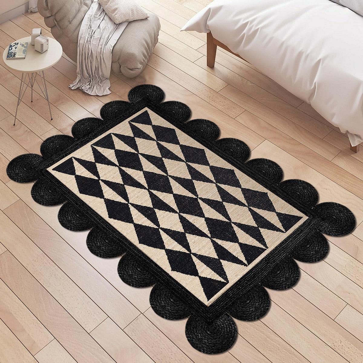 Beige Black Hand Braided Geometric Bedroom Decor Jute Rug - Indian Rug Store