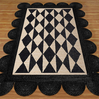 Beige Black Hand Braided Geometric Bedroom Decor Jute Rug - Indian Rug Store