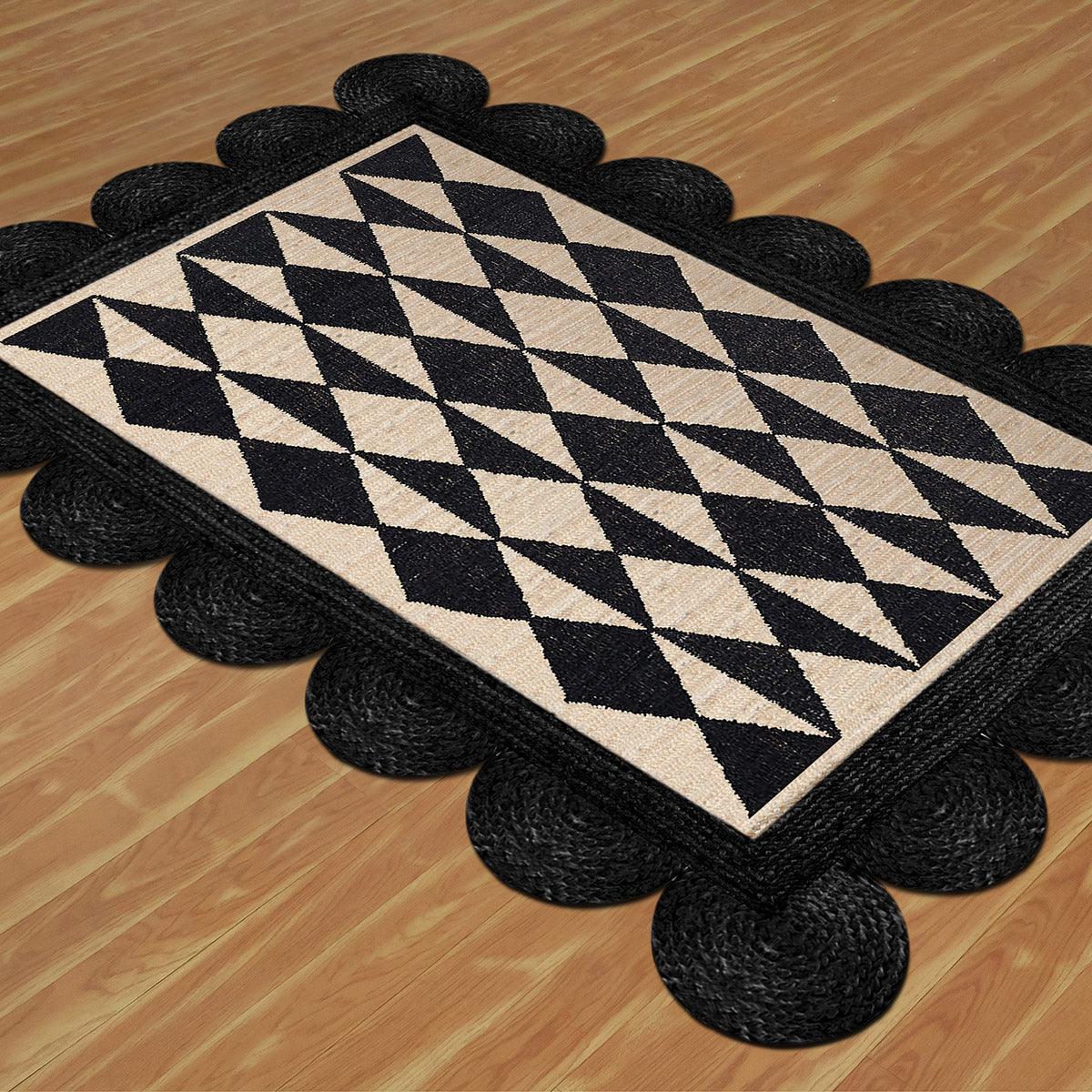 Beige Black Hand Braided Geometric Bedroom Decor Jute Rug - Indian Rug Store