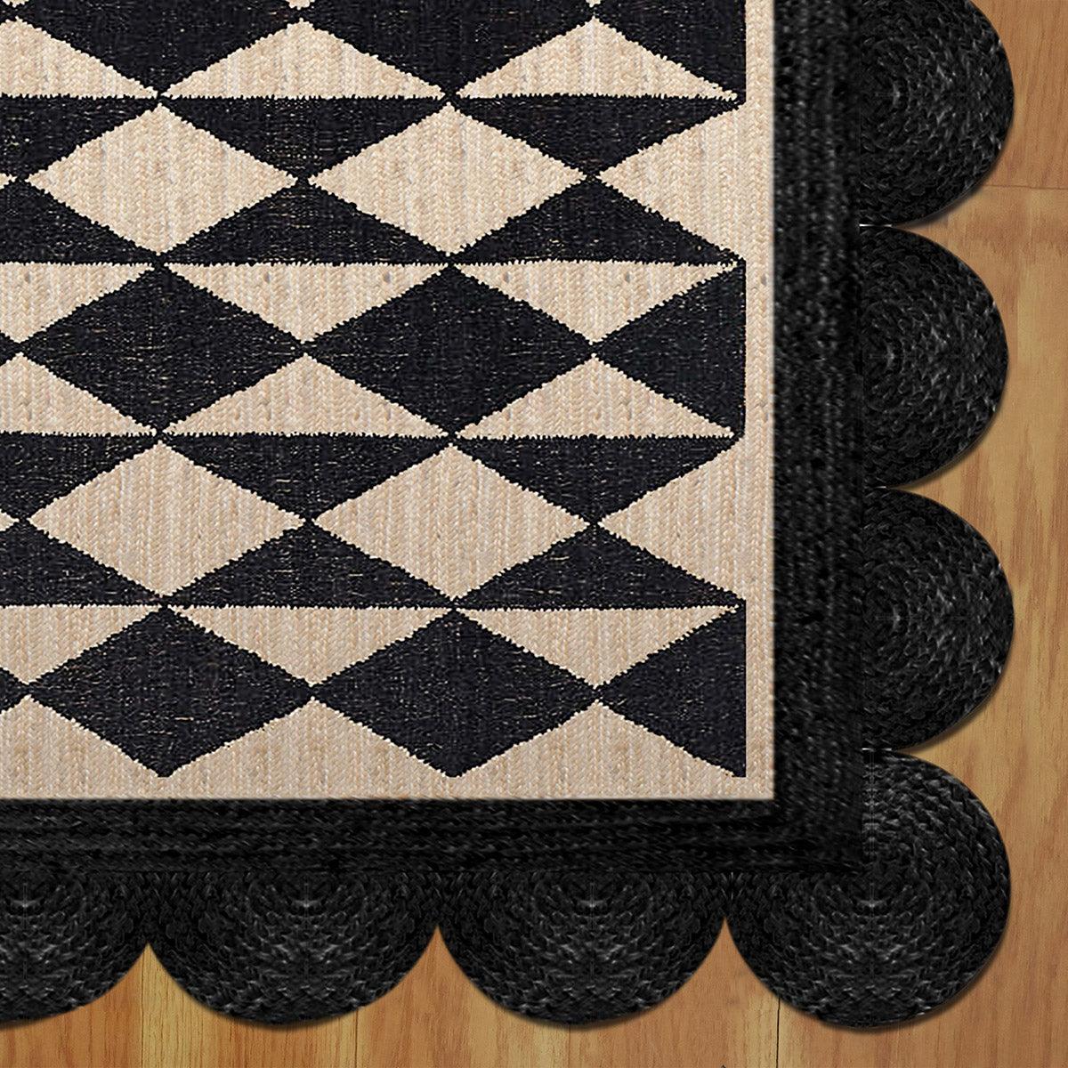 Beige Black Hand Braided Geometric Bedroom Decor Jute Rug - Indian Rug Store