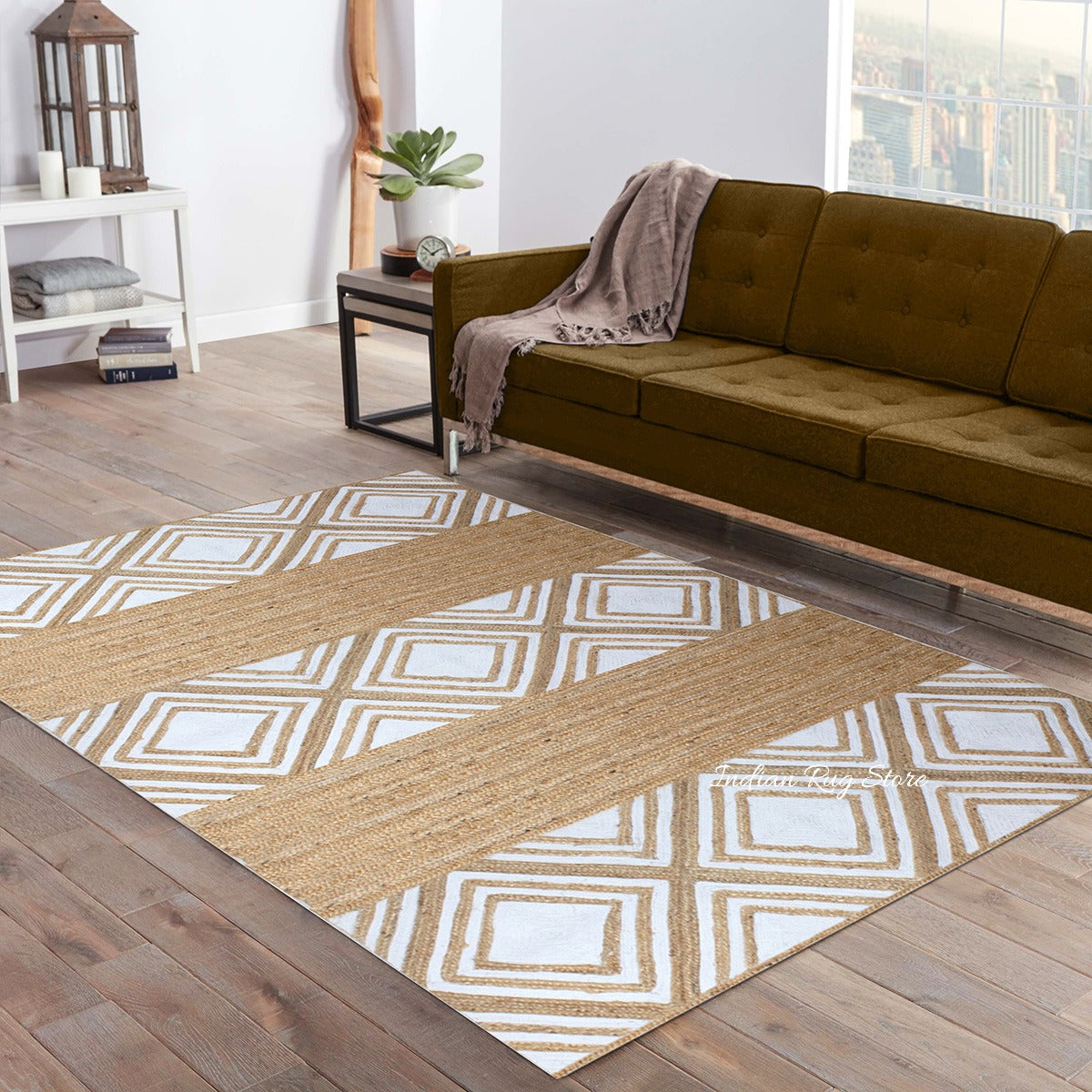 Tappeto in juta intrecciato a mano bianco beige geometrico per interni