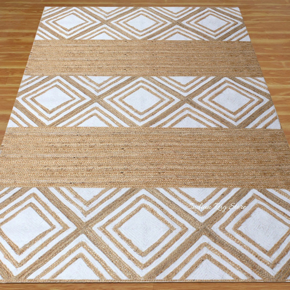 Tappeto in juta intrecciato a mano bianco beige geometrico per interni