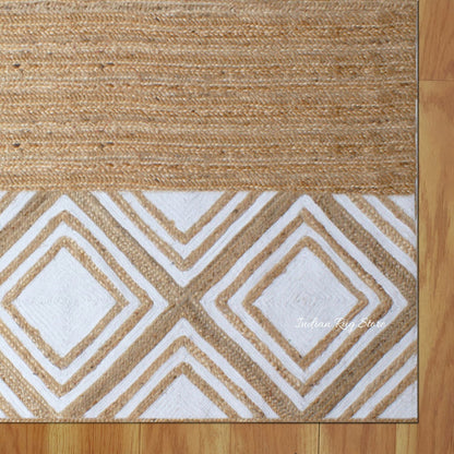 Tappeto in juta intrecciato a mano bianco beige geometrico per interni