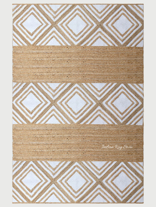 Geometric White Beige Hand Braided Interior Decor Jute Rug