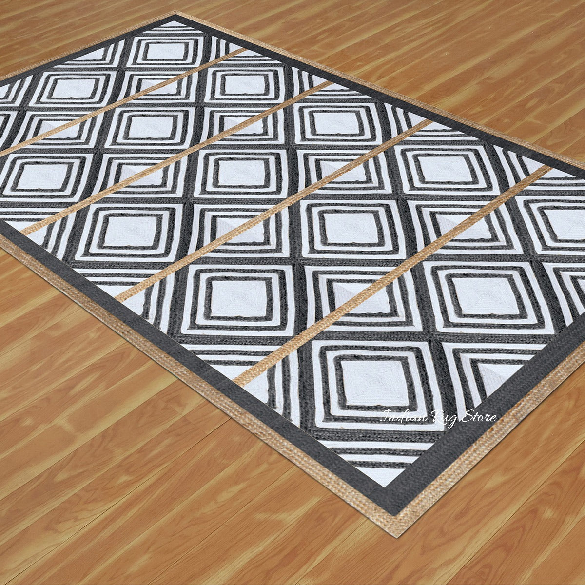 Hand Braided Black White Geometric Out House Jute Rug