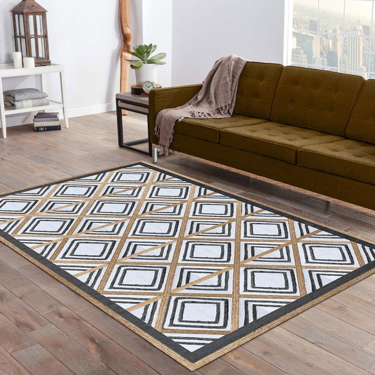 Rectangle Geometric Black White Hand Braided Living Area Jute Rug - Indian Rug Store