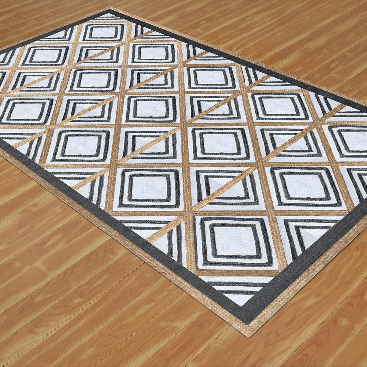 Rectangle Geometric Black White Hand Braided Living Area Jute Rug - Indian Rug Store