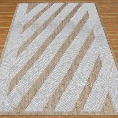 Hand Braided Beige White Geometric Out House Decor Jute Rug