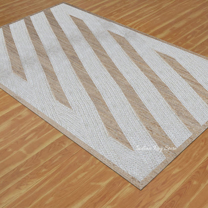 Hand Braided Beige White Geometric Out House Decor Jute Rug