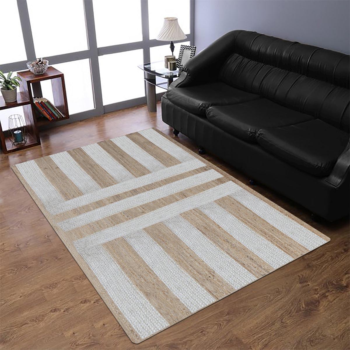 Rectangle White Beige Hand Braided Geometric Interior Jute Rug - Indian Rug Store