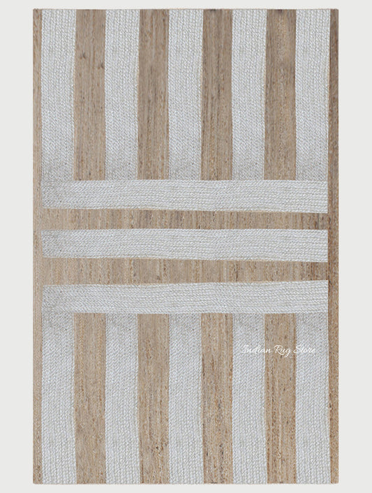 Rectangle White Beige Hand Braided Geometric Interior Jute Rug