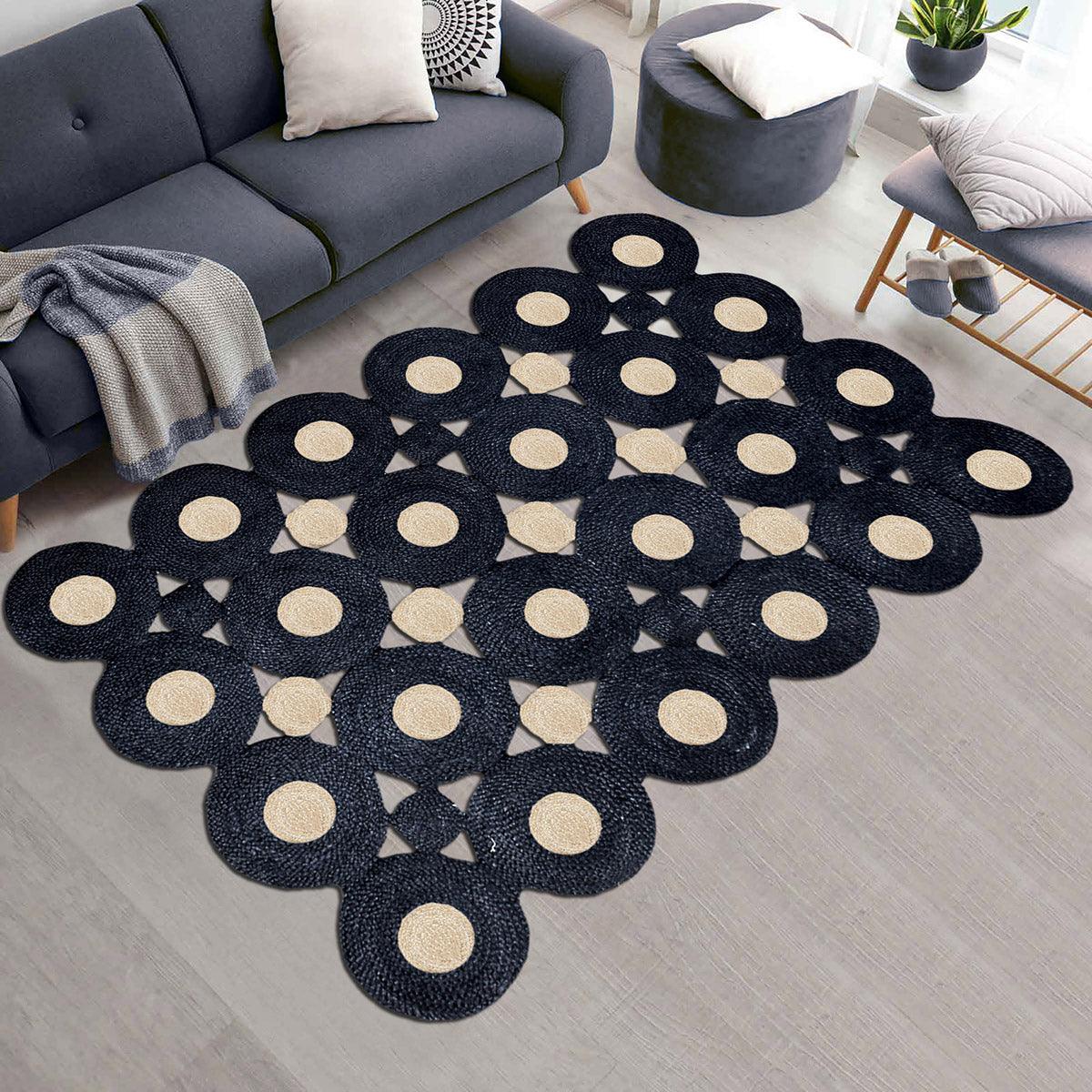 Hand Braided Geometric Black Beige Home Decor Jute Rug - Indian Rug Store