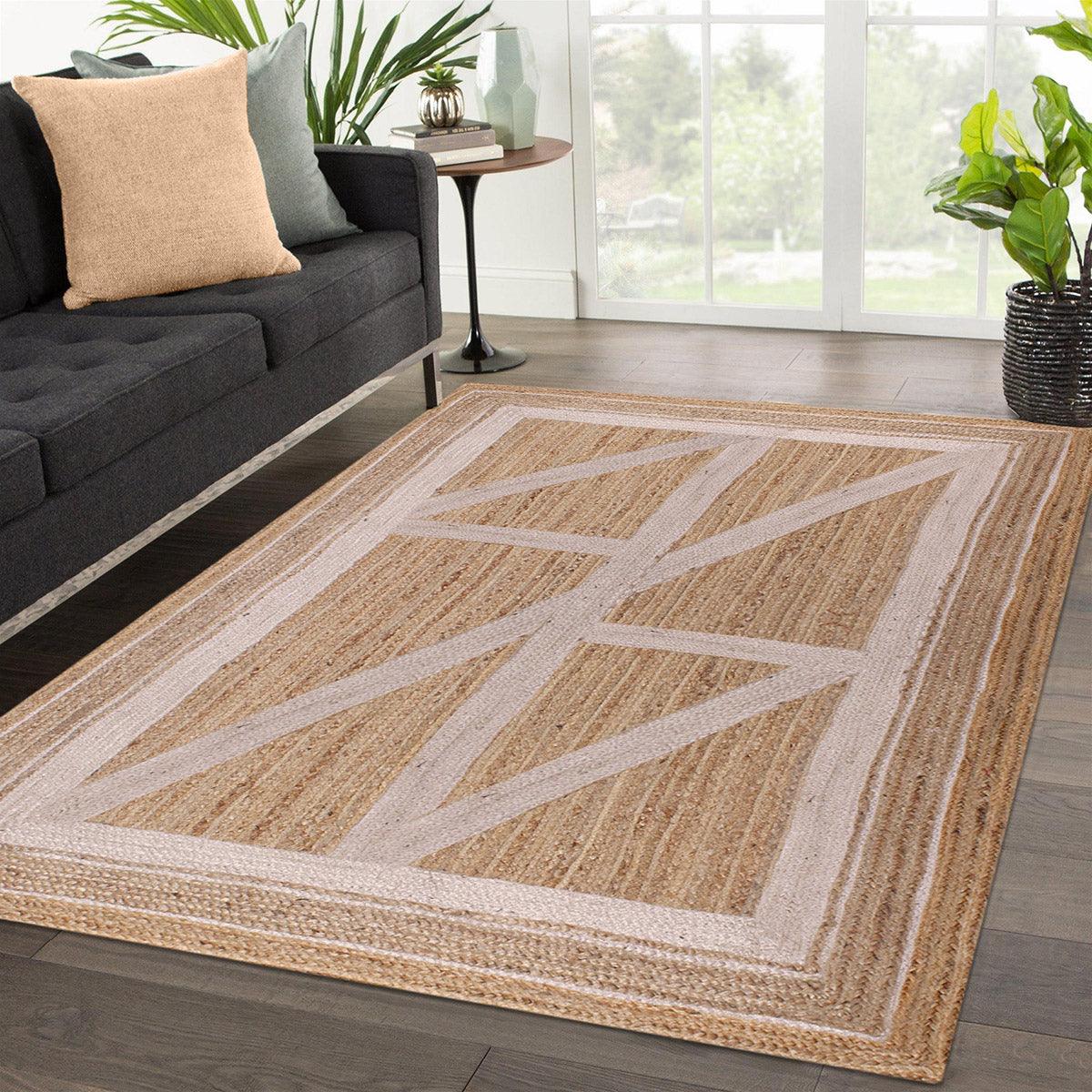 Geometric Beige White Hand Braided Entrance Decor Jute Rug - Indian Rug Store