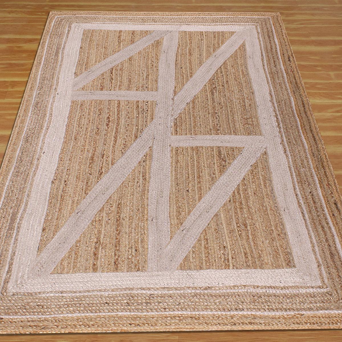 Geometric Beige White Hand Braided Entrance Decor Jute Rug - Indian Rug Store