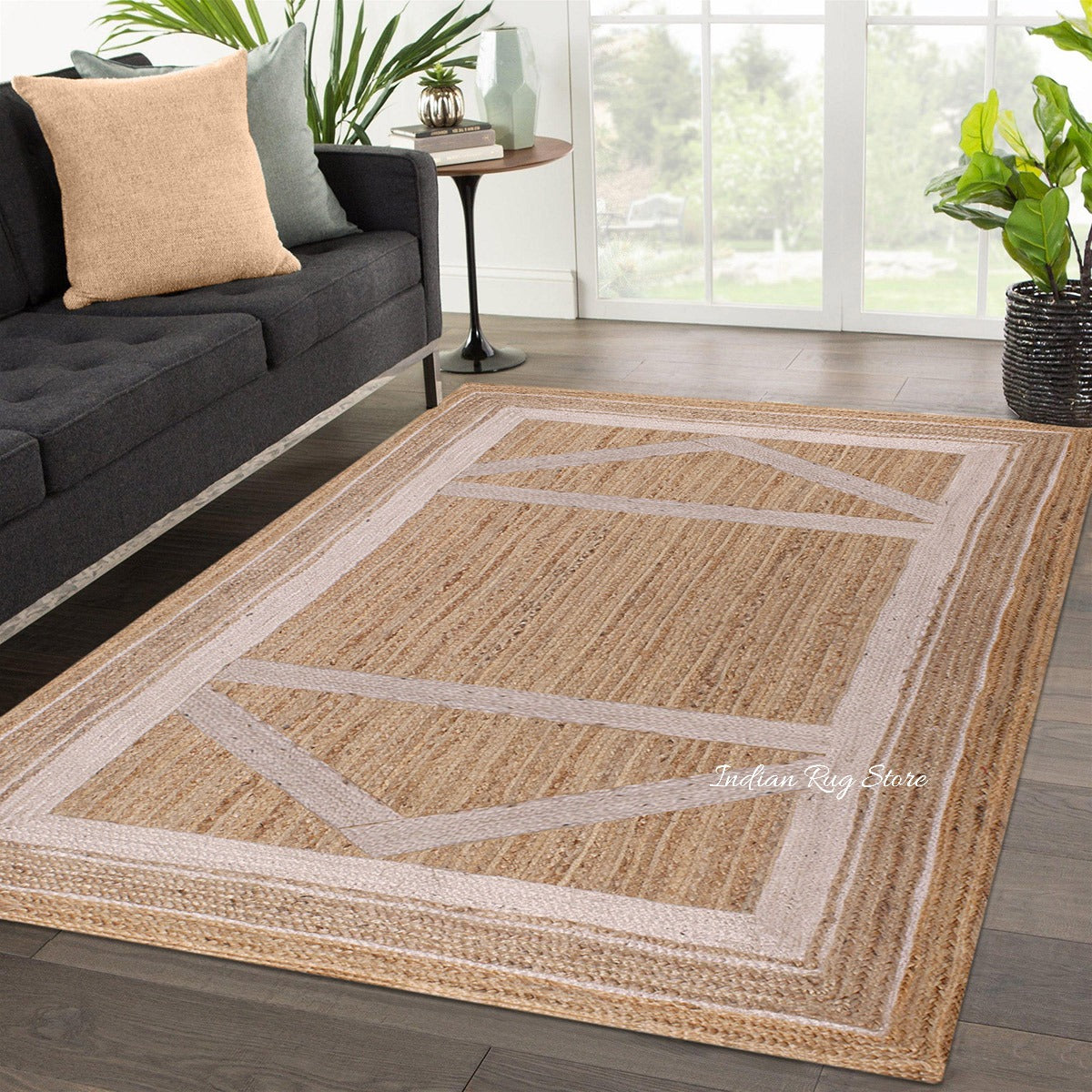 Beige White Hand Braided Geometric Hallway Jute Rug