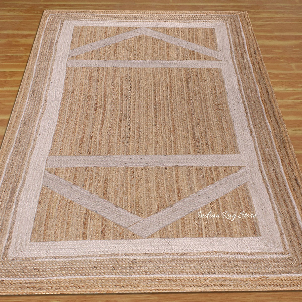 Beige White Hand Braided Geometric Hallway Jute Rug