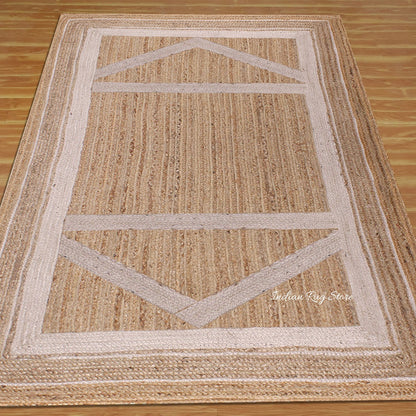 Beige White Hand Braided Geometric Hallway Jute Rug