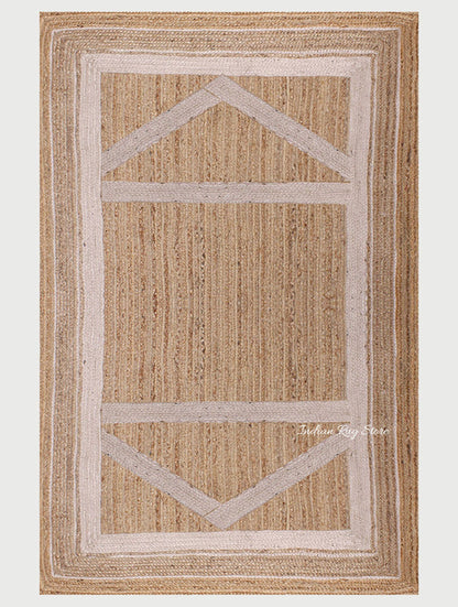 Beige White Hand Braided Geometric Hallway Jute Rug