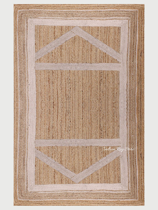 Beige White Hand Braided Geometric Hallway Jute Rug