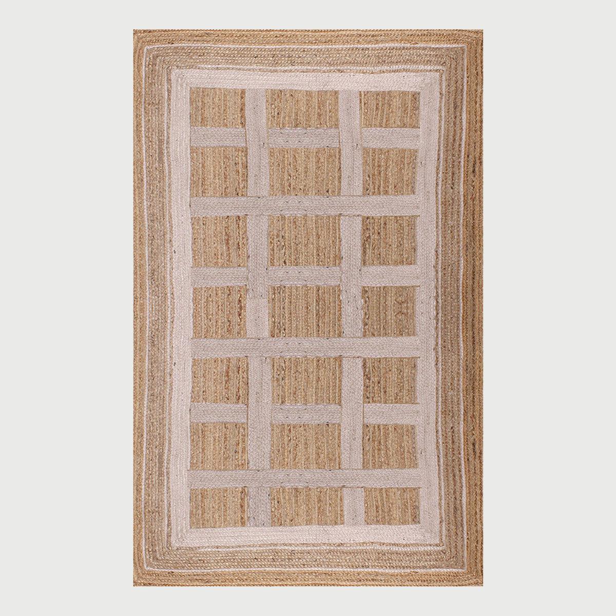 Living Area White Beige Hand Braided Geometric Jute Rug - Indian Rug Store