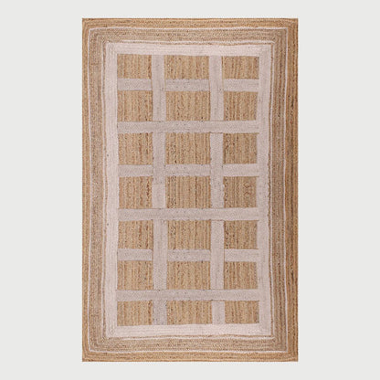 Living Area White Beige Hand Braided Geometric Jute Rug - Indian Rug Store