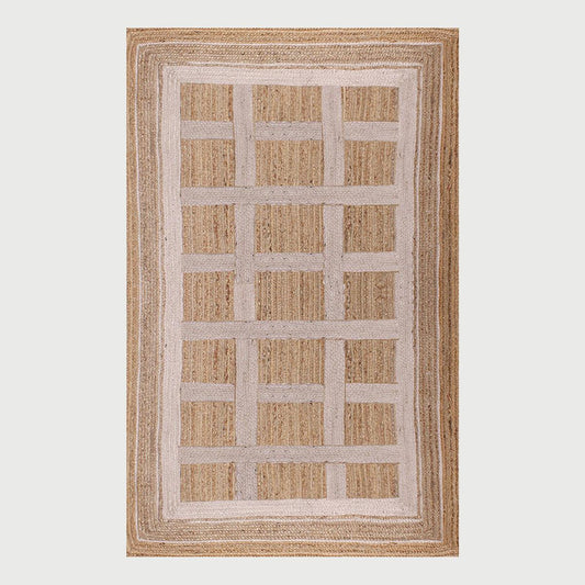 Living Area White Beige Hand Braided Geometric Jute Rug - Indian Rug Store