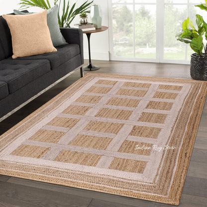 Living Area White Beige Hand Braided Geometric Jute Rug