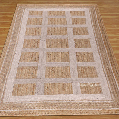 Living Area White Beige Hand Braided Geometric Jute Rug