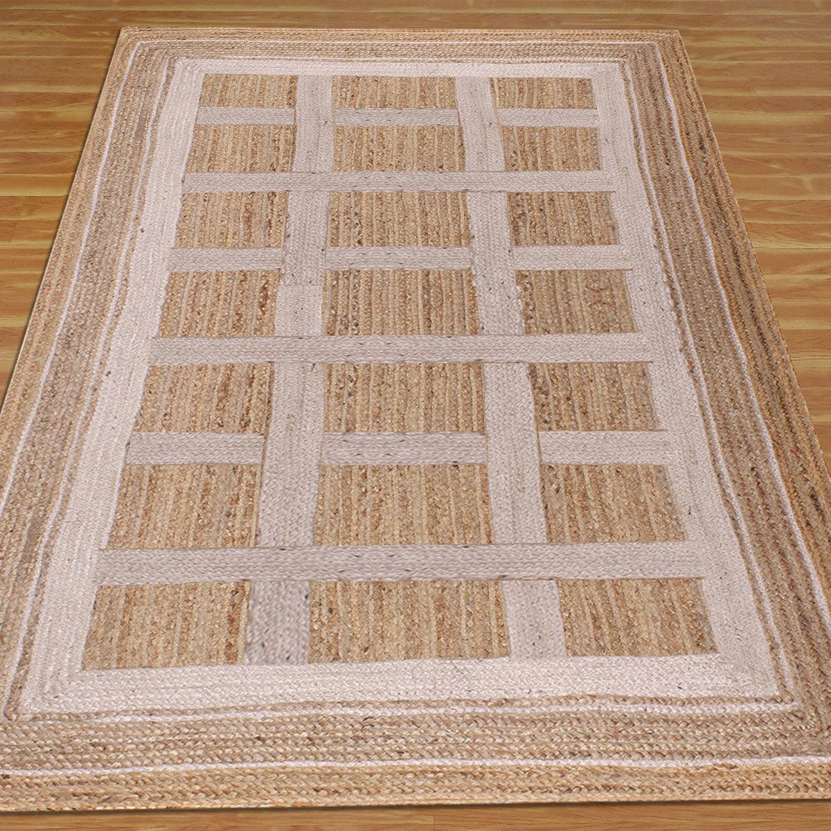 Living Area White Beige Hand Braided Geometric Jute Rug - Indian Rug Store