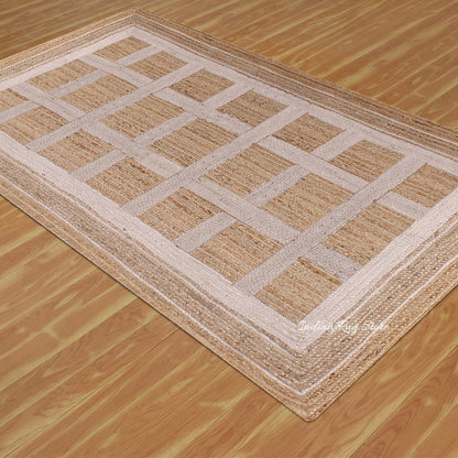 Living Area White Beige Hand Braided Geometric Jute Rug