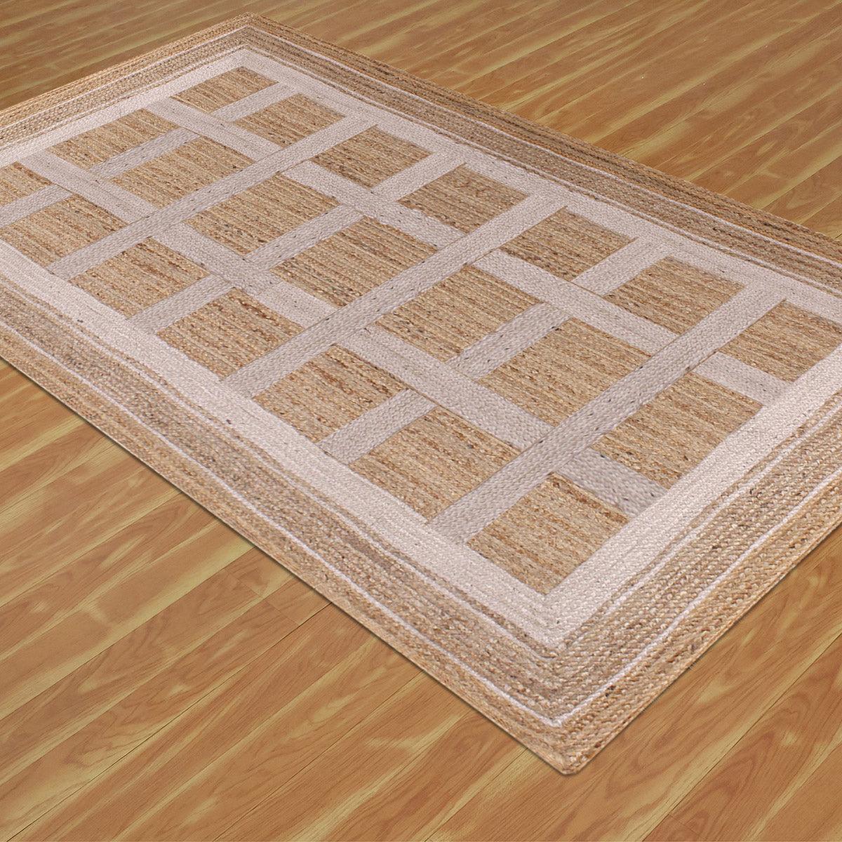 Living Area White Beige Hand Braided Geometric Jute Rug - Indian Rug Store