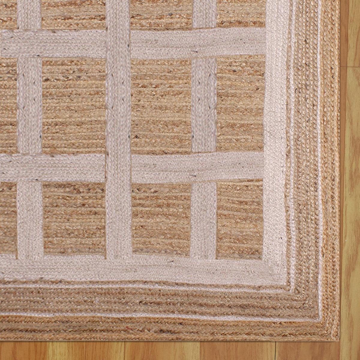 Living Area White Beige Hand Braided Geometric Jute Rug - Indian Rug Store