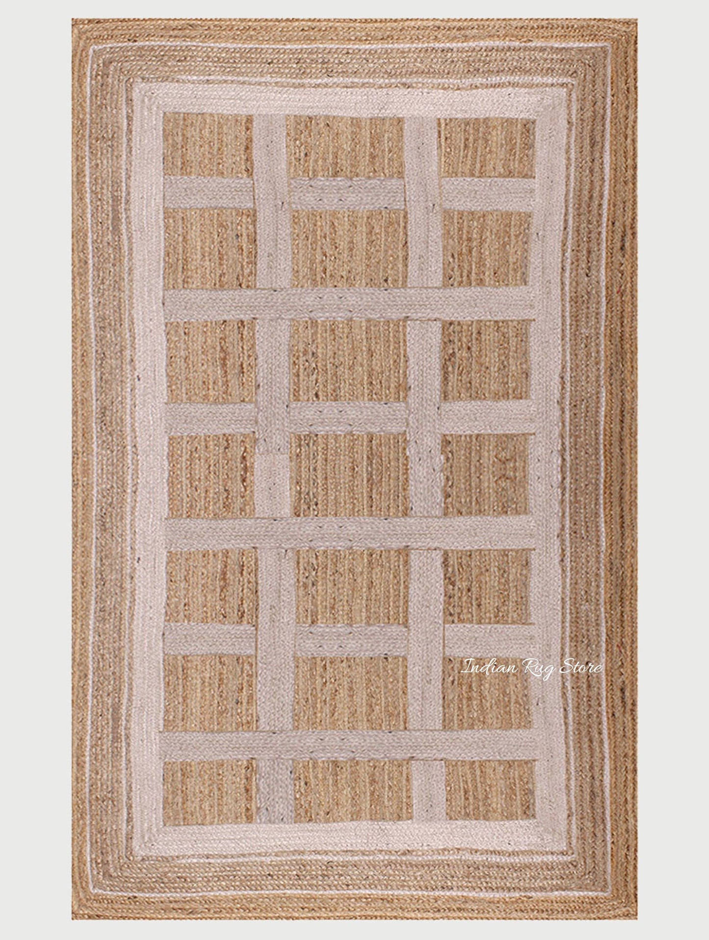 Living Area White Beige Hand Braided Geometric Jute Rug