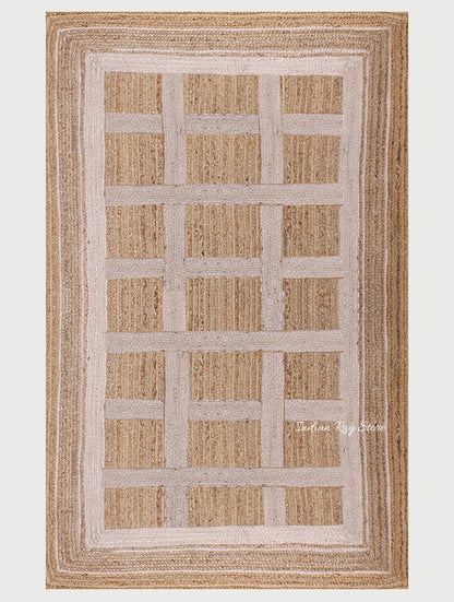 Living Area White Beige Hand Braided Geometric Jute Rug