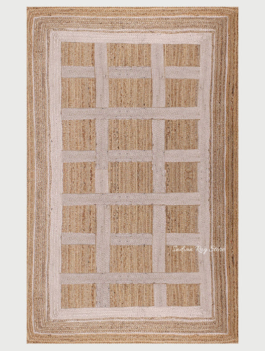 Living Area White Beige Hand Braided Geometric Jute Rug