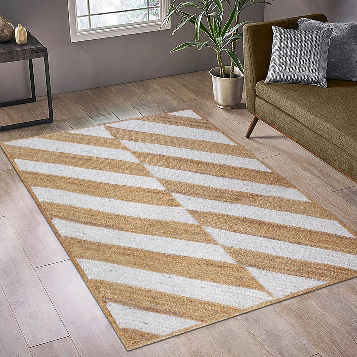 White Beige Hand Braided Geometric Interior Decor Jute Rug - Indian Rug Store