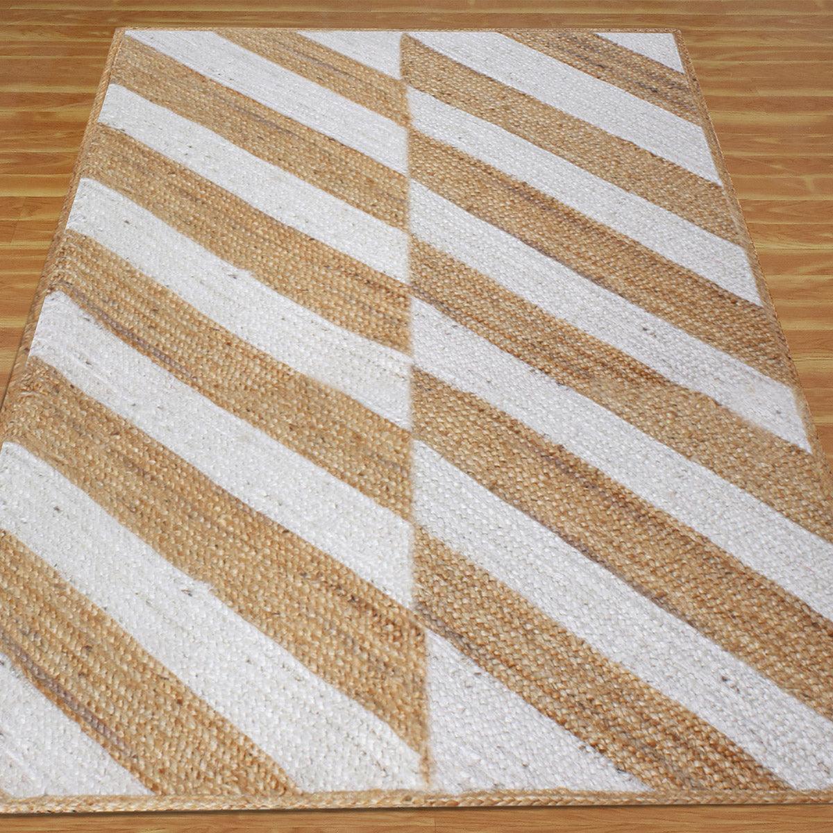 White Beige Hand Braided Geometric Interior Decor Jute Rug - Indian Rug Store