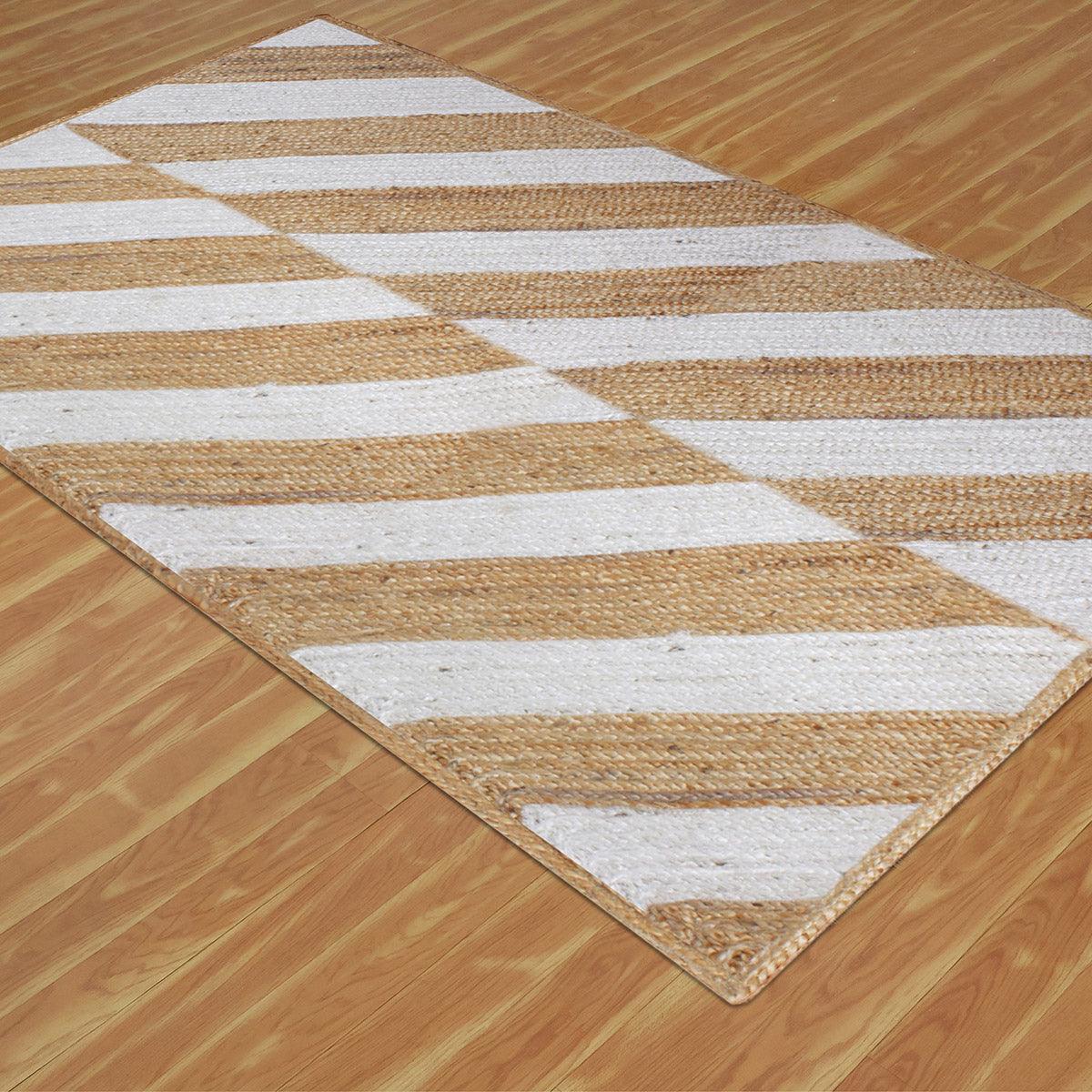 White Beige Hand Braided Geometric Interior Decor Jute Rug - Indian Rug Store