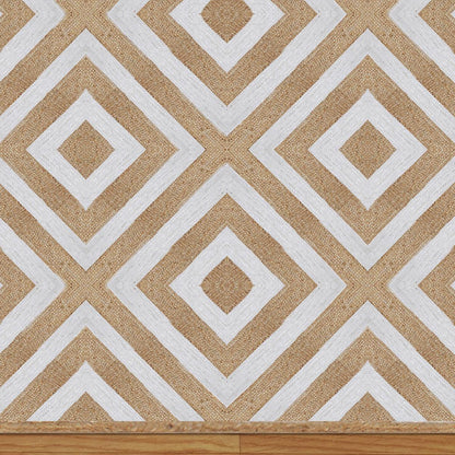 White Beige Hand Braided Geometric Interior Decor Jute Rug - Indian Rug Store