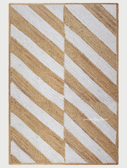 White Beige Hand Braided Geometric Interior Decor Jute Rug