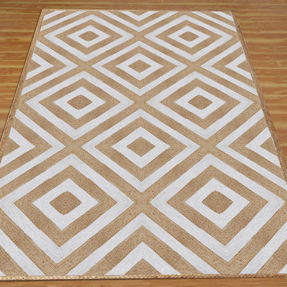 Rectangle White Beige Hand Braided Geometric Entrance Jute Rug - Indian Rug Store