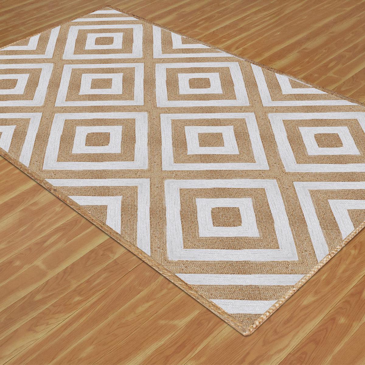 Rectangle White Beige Hand Braided Geometric Entrance Jute Rug - Indian Rug Store