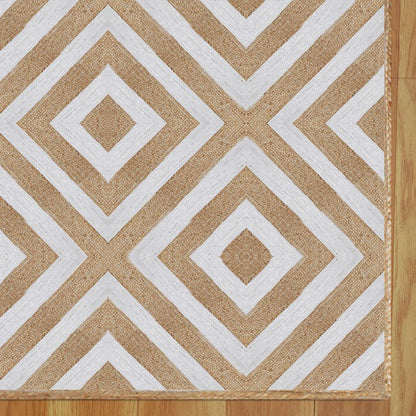 Rectangle White Beige Hand Braided Geometric Entrance Jute Rug - Indian Rug Store