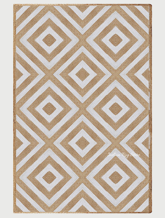 Rectangle White Beige Hand Braided Geometric Entrance Jute Rug